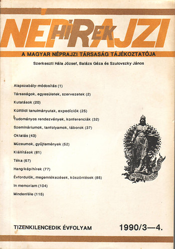 Néprajzi hírek 1990/3-4. (XIX évf.)